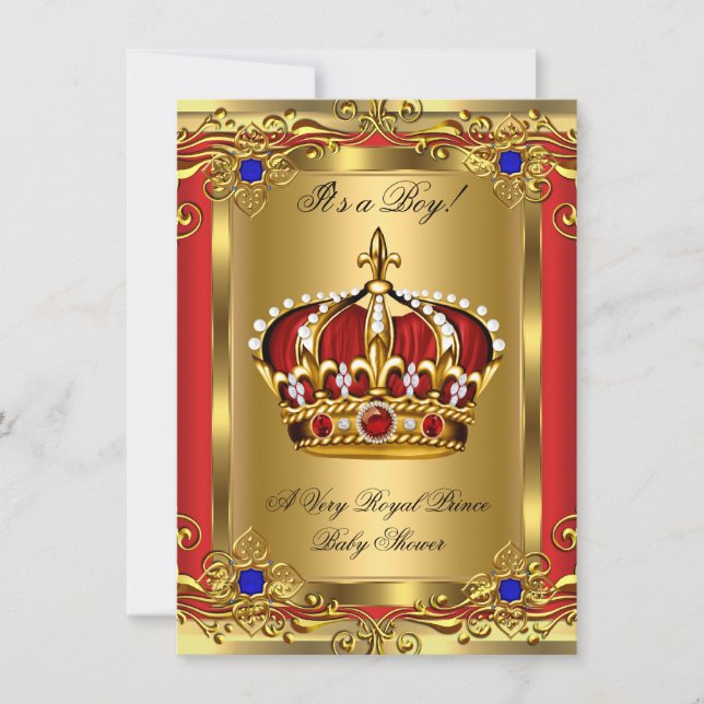 Invitación Prince Royal Blue Boy Baby Shower Regal Red Gold 3 (Anverso)