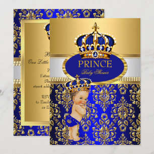 Invitación Prince Royal Blue Crown Baby Shower Brunette Boy