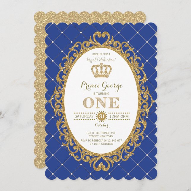Invitación Prince Royal Blue Gold Baby Boy Fiesta de cumpleañ (Anverso / Reverso)