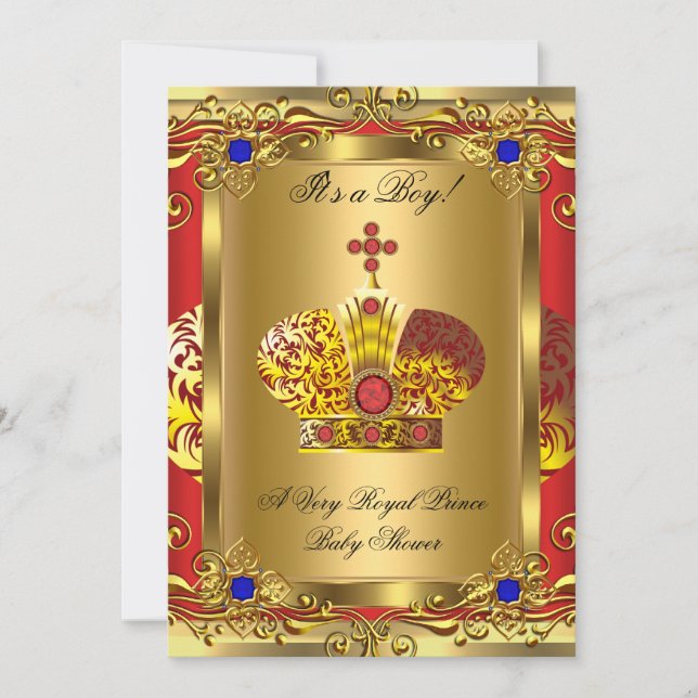 Invitación Prince Royal Blue Regal Red Boy Baby Shower Gold A (Anverso)