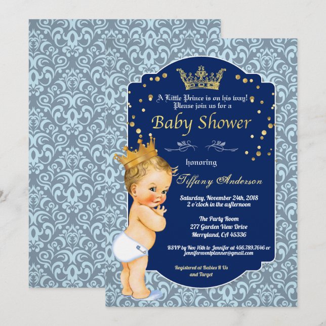 Invitación Prince vintage baby ducha real azul (Anverso / Reverso)