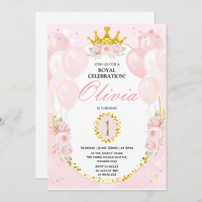 Invitación Princesa 1 cumpleaños (Anverso / Reverso)