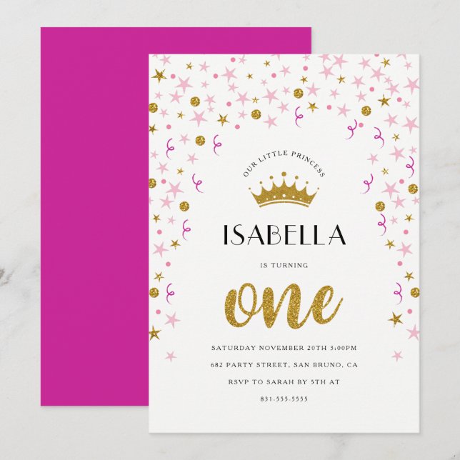 Invitación Princesa 1 cumpleaños | Confetti de oro y rosa (Anverso / Reverso)