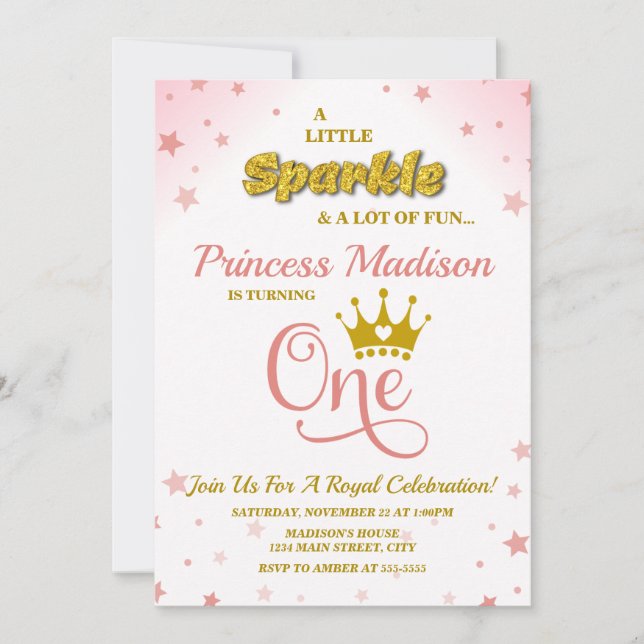 Invitación Princesa 1Invitación a cumpleaños Sparkle Oro Rosa (Anverso)