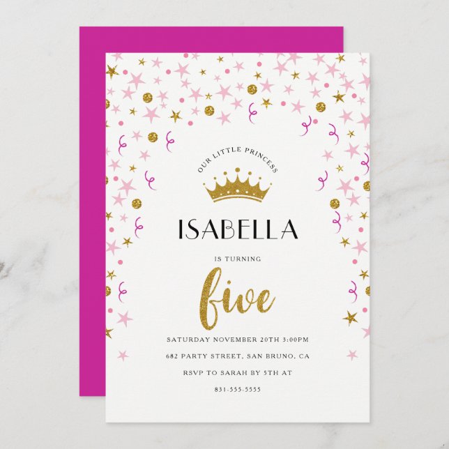 Invitación Princesa 5 cumpleaños | Confetti de oro y rosa (Anverso / Reverso)