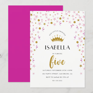 Invitación Princesa 5 cumpleaños   Confetti de oro y rosa