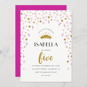 Invitación Princesa 5 cumpleaños Confetti dorado y rosa
