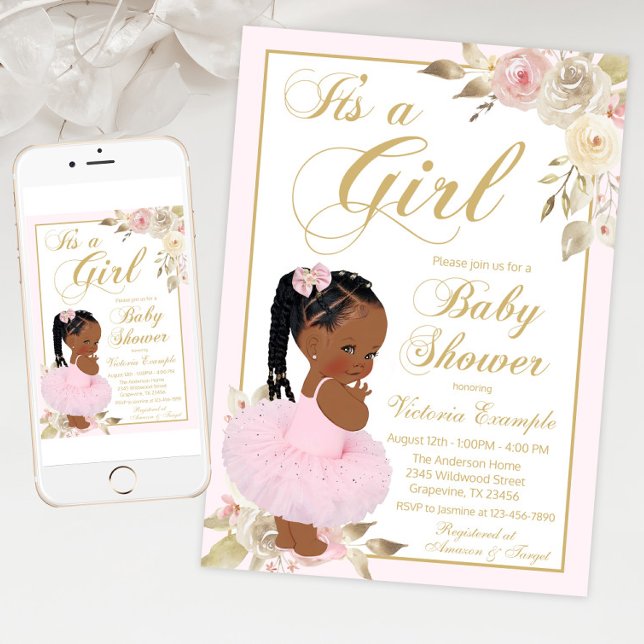 Invitación Princesa africana de oro rosa Tutu Baby Shower (Braid princess baby shower invitation with cute baby girl wearing tutu on a pink gold floral back.)