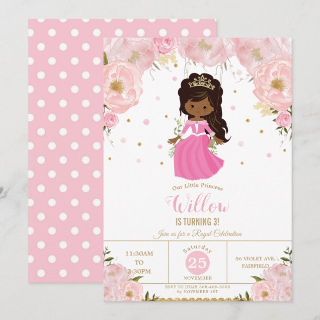 Invitación Princesa Africana de Piel Oscura: Cumpleaños Flora (Anverso / Reverso)