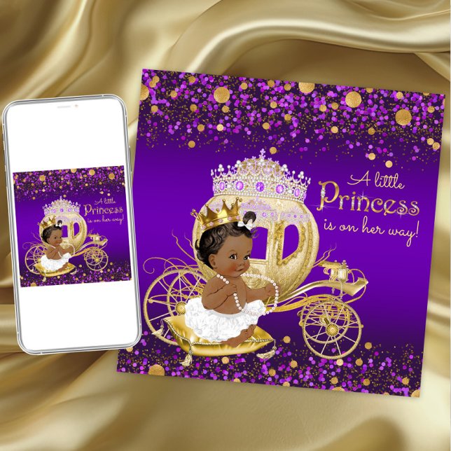 Invitación Princesa Afroamericana Cumpleaños Morado Dorado Ba (Purple gold princess baby shower invitation. Instant download and printed invitations available.)