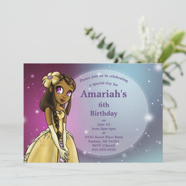 Invitación Princesa Americana Africana Feliz Fiesta de Cumple (Anverso de pie)
