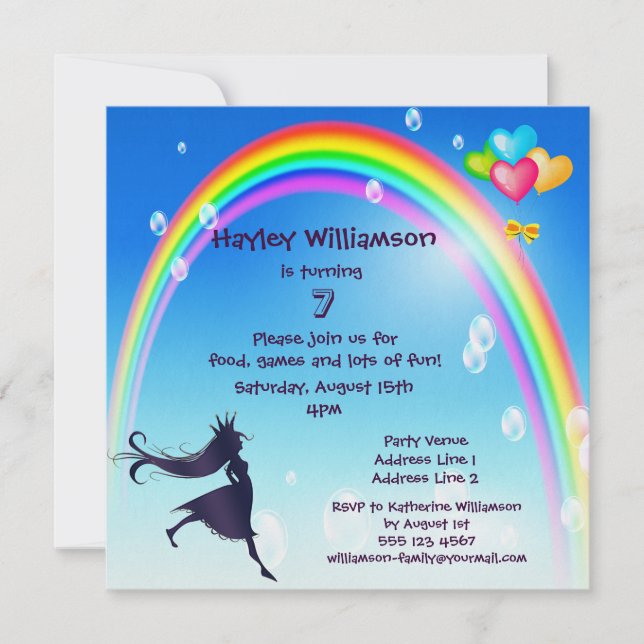 Invitación Princesa, arcoiris, burbujas y globos Cumpleaños (Anverso)