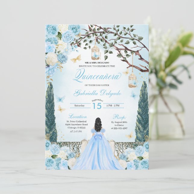 Invitación Princesa Azul claro Jardín encantado Quinceanera (Anverso de pie)