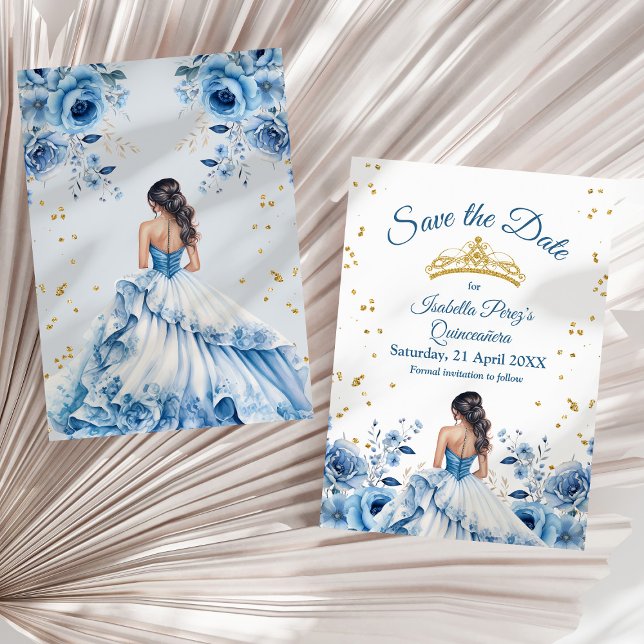 Invitación Princesa azul claro Quinceanera salva la fecha (Quinceanera Light Blue Princess Save the Date Invitation on a sunny neutral dry palm leaf.)