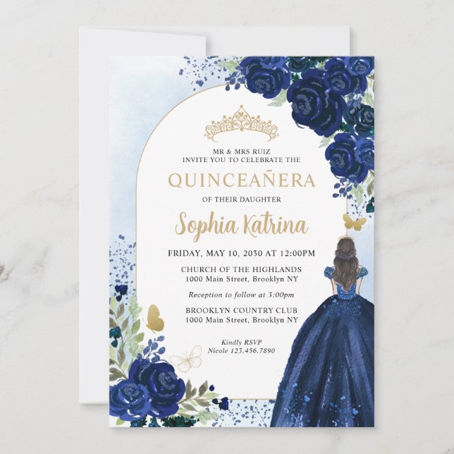 Invitación Princesa Azul de la Marina Floral Cumpleaños Quinc (Anverso)