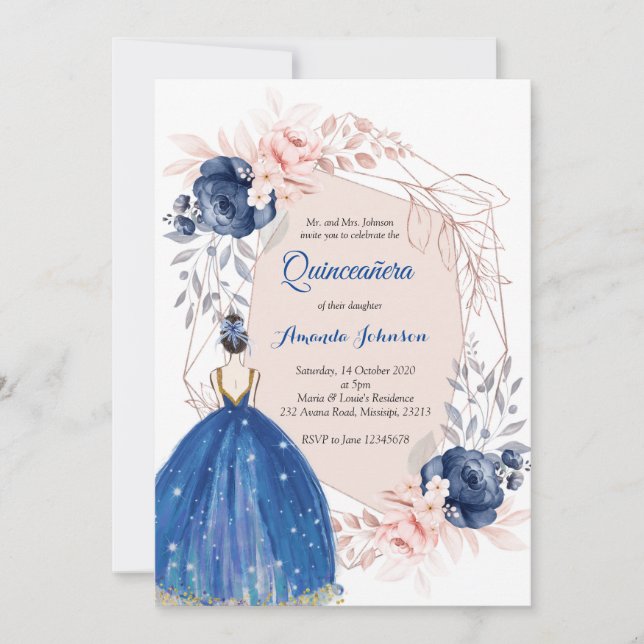 Invitación Princesa Azul Marina Quinceañera España 15 cumplea (Anverso)