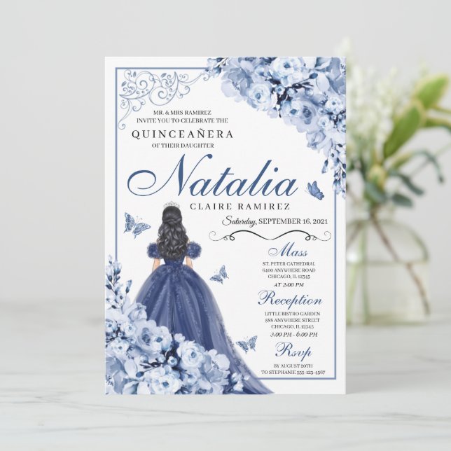 Invitación Princesa Azul marina y mariposas Tiara Quinceañera (Anverso de pie)