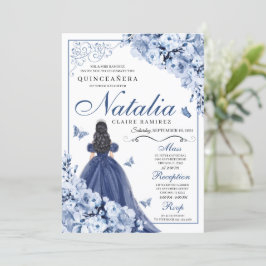 Invitación Princesa Azul marina y mariposas Tiara Quinceañera