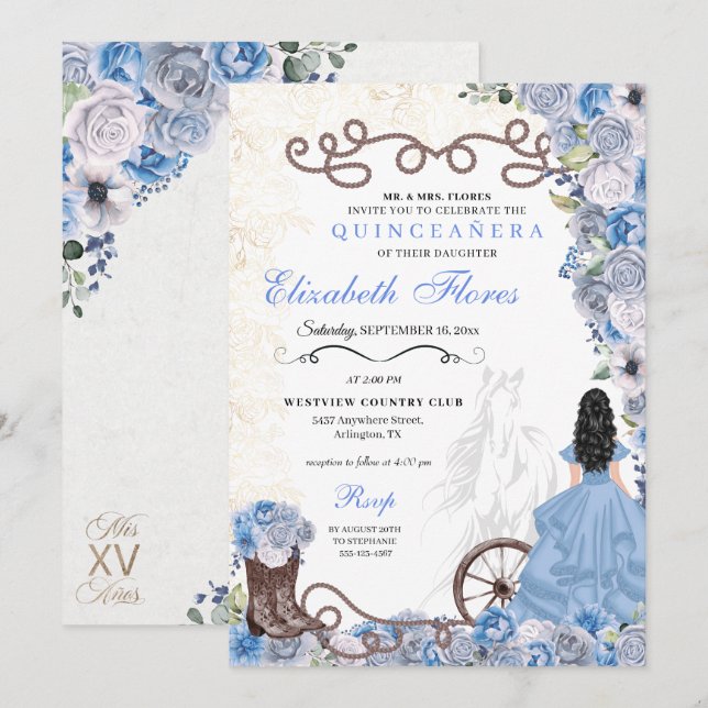 Invitación Princesa Azul Occidental Floral Charra Quinceañera (Anverso / Reverso)