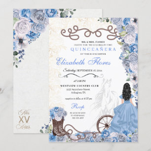 Invitación Princesa Azul Occidental Floral Charra Quinceañera