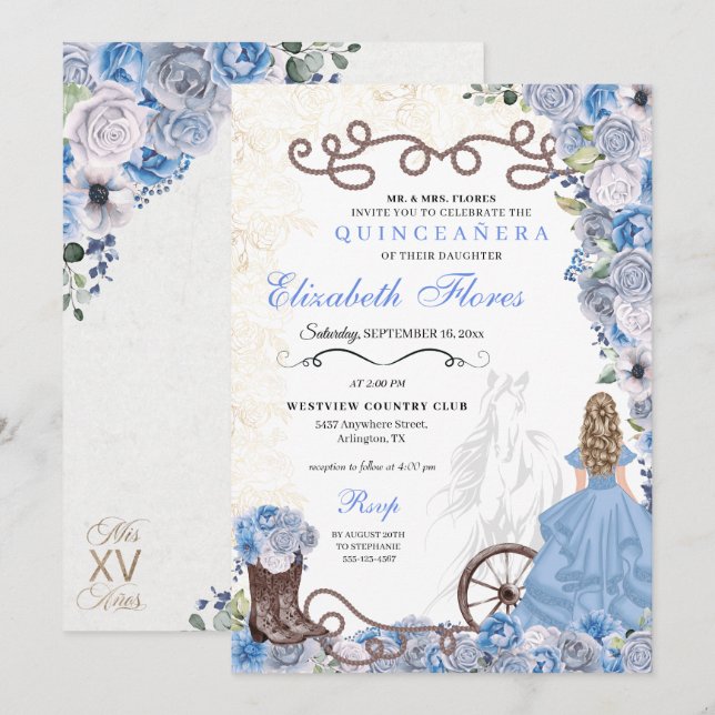 Invitación Princesa Azul Occidental Floral Charra Quinceañera (Anverso / Reverso)