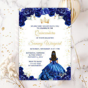 Invitación Princesa Azul Oscura Floral Quinceañera