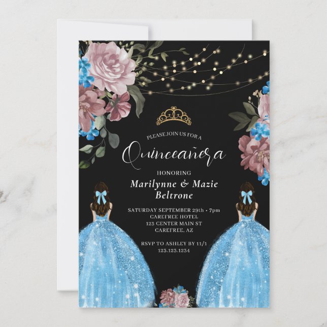 Invitación Princesa Azul Periwinkle Gemelos Florales Quinceañ (Anverso)