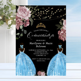Invitación Princesa Azul Periwinkle Gemelos Florales Quinceañ