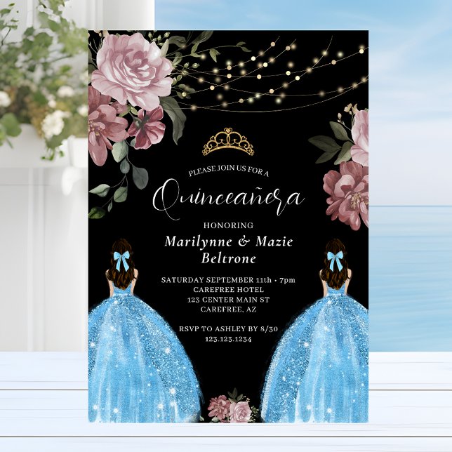 Invitación Princesa Azul Periwinkle Gemelos Florales Quinceañ (Subido por el creador)