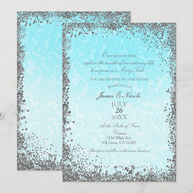 Invitación Princesa Azul Plateado Historia de Boda Elegante (Anverso / Reverso)