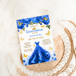 Invitación Princesa Azul Real Quinceañera Floral Mariposa
