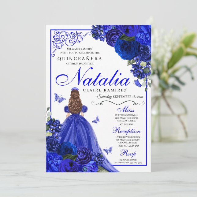 Invitación Princesa Azul Real y Mariposas Quinceañera (Anverso de pie)