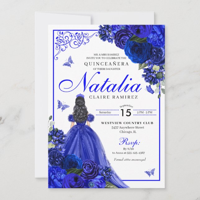Invitación Princesa Azul Real y Mariposas Quinceañera (Anverso)
