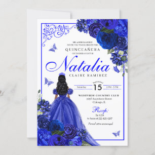 Invitación Princesa Azul Real y Mariposas Quinceañera