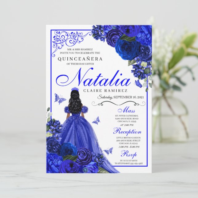 Invitación Princesa Azul Real y Mariposas Quinceañera (Anverso de pie)