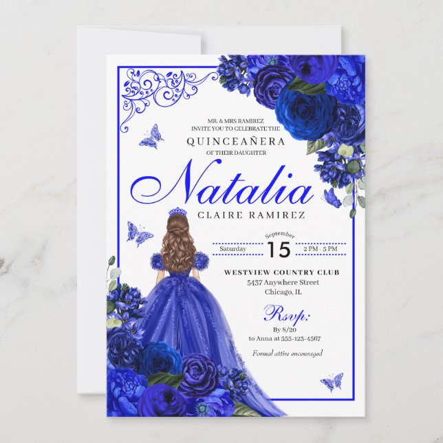 Invitación Princesa Azul Real y Mariposas Quinceañera (Anverso)