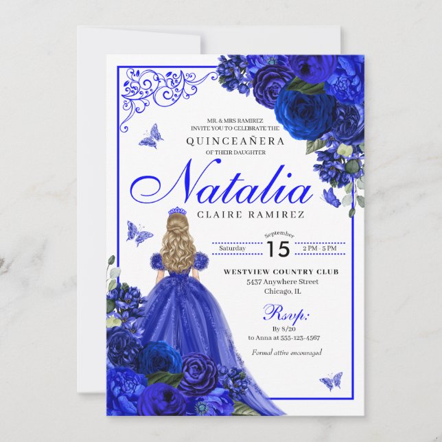 Invitación Princesa Azul Real y Mariposas Quinceañera (Anverso)