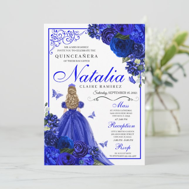 Invitación Princesa Azul Real y Mariposas Quinceañera (Anverso de pie)