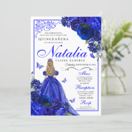 Invitación Princesa Azul Real y Mariposas Quinceañera
