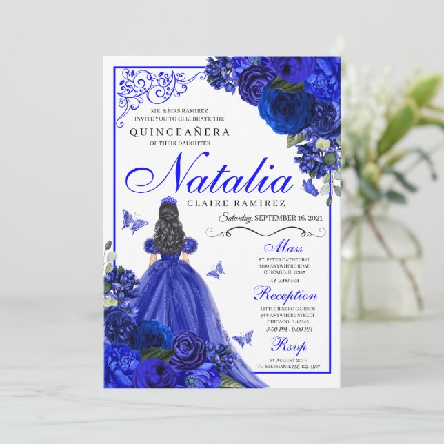 Invitación Princesa Azul Real y Mariposas Quinceañera (Anverso de pie)
