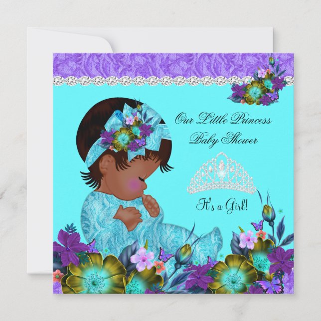 Invitación Princesa Azul Teal Morado Fiesta de Bebé Niña B1 (Anverso)