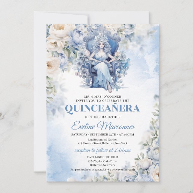 Invitación Princesa azul turbia con flores y Tiara (Anverso)