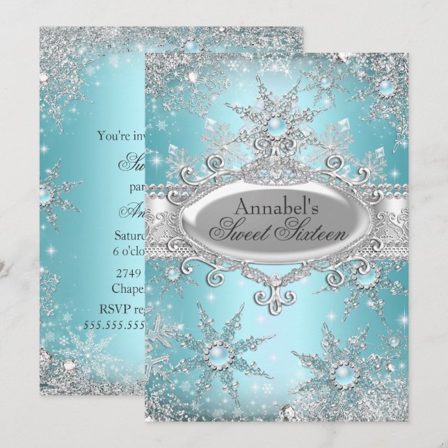 Invitación Princesa Azul Turquesa Bosque de Ensueño de Invier (Anverso / Reverso)