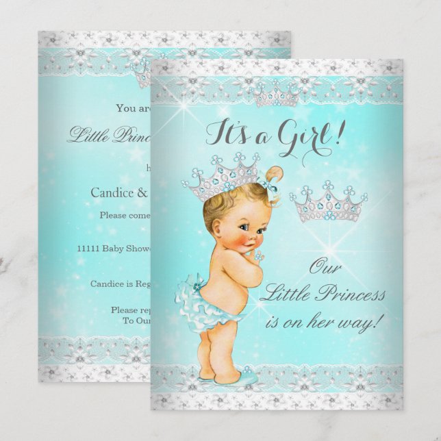 Invitación Princesa Baby Shower Aqua Lace Tiara Blonde Baby (Anverso / Reverso)