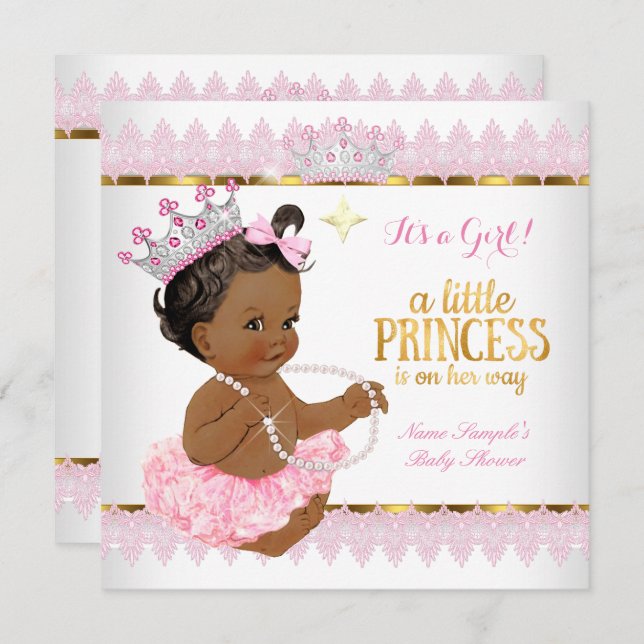 Invitación Princesa Baby Shower Chica de etnia de oro rosado (Anverso / Reverso)
