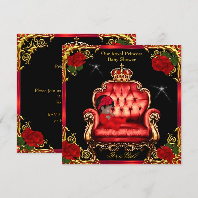 Invitación Princesa Baby Shower Chica Gold Red Rose Chair 4 (Anverso / Reverso)
