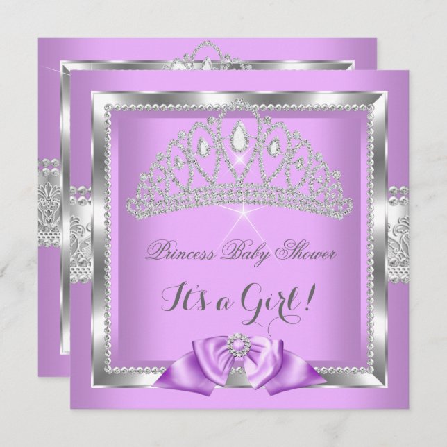 Invitación Princesa Baby Shower Chica Lavender Silver Diamant (Anverso / Reverso)