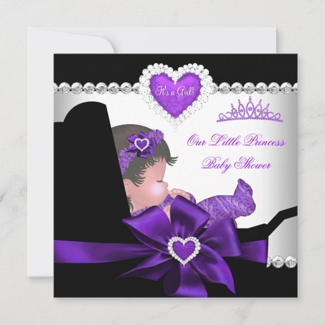 Invitación Princesa Baby Shower Chica Purple Diamond Hearts (Anverso)