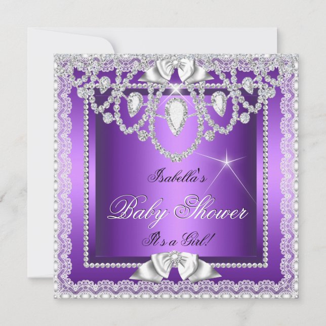 Invitación Princesa Baby Shower Chica Purple Lace Diamante 2 (Anverso)