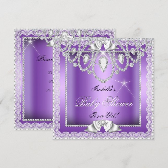 Invitación Princesa Baby Shower Chica Purple Lace Diamond (Anverso / Reverso)